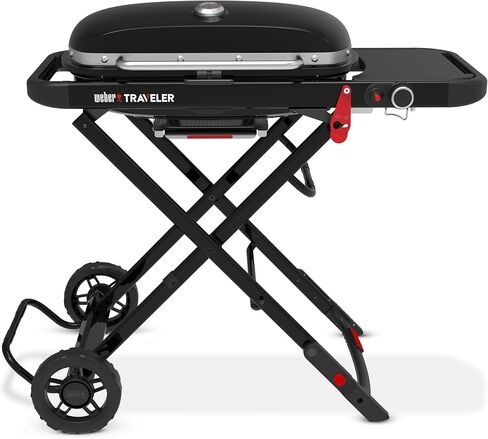 Weber Traveler® Portable Gas Grill (Liquid Propane) for Outdoor Cooking – Black, Porcelain-Enameled Lid, Side Table, Folding Portable Grill with Wheels for Camping, Tailgating & Travel in Kuwait