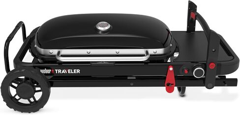 Weber Traveler® Portable Gas Grill (Liquid Propane) for Outdoor Cooking – Black, Porcelain-Enameled Lid, Side Table, Folding Portable Grill with Wheels for Camping, Tailgating & Travel in Kuwait