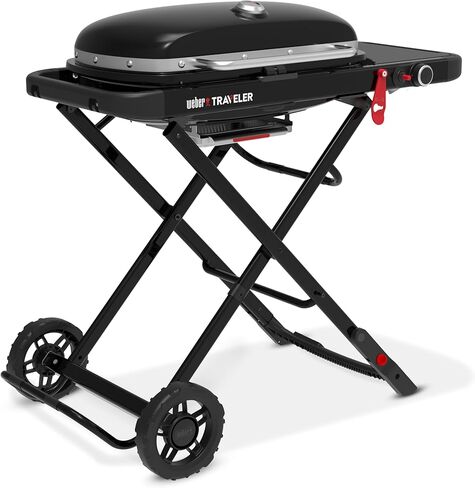 Weber Traveler® Portable Gas Grill (Liquid Propane) for Outdoor Cooking – Black, Porcelain-Enameled Lid, Side Table, Folding Portable Grill with Wheels for Camping, Tailgating & Travel in Kuwait