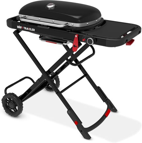 Weber Traveler® Portable Gas Grill (Liquid Propane) for Outdoor Cooking – Black, Porcelain-Enameled Lid, Side Table, Folding Portable Grill with Wheels for Camping, Tailgating & Travel in Kuwait