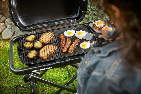 Weber Traveler® Portable Gas Grill (Liquid Propane) for Outdoor Cooking – Black, Porcelain-Enameled Lid, Side Table, Folding Portable Grill with Wheels for Camping, Tailgating & Travel in Kuwait