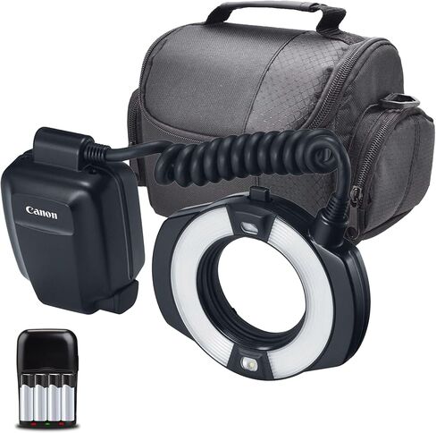 Canon MR-14EX II Macro Ring Lite Bundle | Dual-Tube Ring Flash with E-TTL II, Adjustable Flash Ratio Control & LED Modeling Lamps | Great for Macro Photography (9389B002) + Bag + AA with Charger in Kuwait