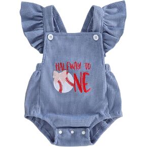 Baby Girl Baseball Outfits Fly Sleeve Stripe Print Square Neck Baseball Embroidery Romper Newborn Summer Clothes in Kuwait