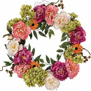 24 Inch Spring Peony Wreaths for Front Door, Large Summer Floral Door Wreath with Hydrangea, Farmhouse Front Door Wreath Decoration for Wedding Valentine Welcome Indoor Outdoor(Twig Base) in Saudi Arabia
