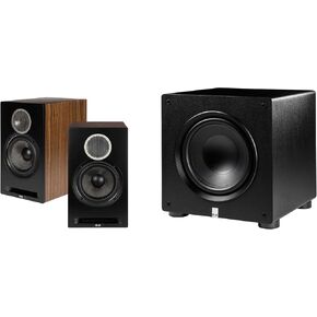 ELAC DBR62-BK - مكبرات صوت على رف الكتب مقاس 6.5 بوصة - باللون الأسود، زوج PS350-BK - مضخم صوت Varro Premium مقاس 12 بوصة بقدرة 350 وات مع تقنية EQ التلقائي in Kuwait