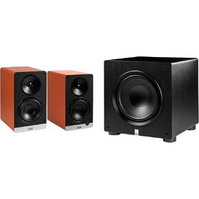 ELAC DCB41-OR - مكبرات صوت تعمل بالطاقة Debut ConneX مقاس 4.5 بوصة - برتقالي، زوج PS350-BK - مضخم صوت Varro Premium مقاس 12 بوصة بقوة 350 وات مع تقنية EQ التلقائي in Kuwait