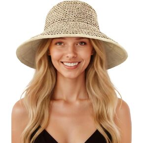 Senker Fashion Sun Hats for Women UV Protection Handmade Wide Brim Packable Straw Bucket Hat for Beach Summer Vacation Travel in Kuwait