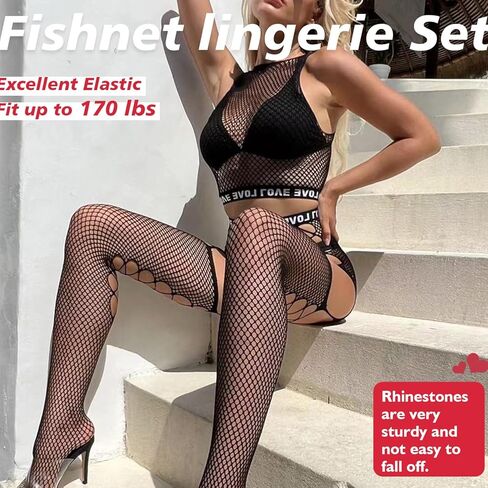 Sexy Lingerie For Women Sparkle Naughty Rhinestone Fishnet Lingerie Set Erotic Mesh Rave Bodysuits Outfit Teddy in Saudi Arabia