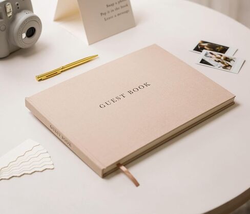 مجموعة كتب الضيوف من Real Linen - دفتر ضيوف منقوش مقاس 11.5 × 8.5 لحفلات الزفاف والاستحمام والمناسبات، فارغ ومبطن، يأتي مع لافتة وقلم وصندوق وأكمام للصور، 120 صفحة (ورقة) in Kuwait