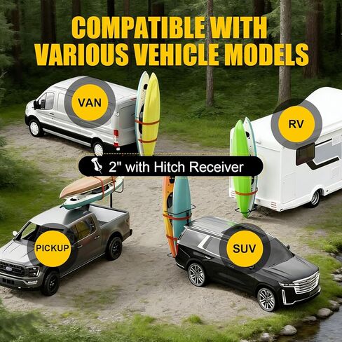 رف PENSUN RV Hitch Mount Kayak، حامل كاياك عمودي بطول 2 بوصة، حامل كاياك فولاذي شديد التحمل قابل للتعديل يحمل ما يصل إلى 150 رطلاً للمركبات الترفيهية والشاحنات وسيارات الدفع الرباعي، مع حشوة ناعمة وأشرطة سقاطة in Kuwait