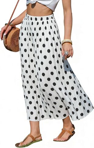 EXLURA Women's High Waist Polka Dot Pleated Midi Swing Pockets Skirt, Green-floral Print, Large in Saudi Arabia