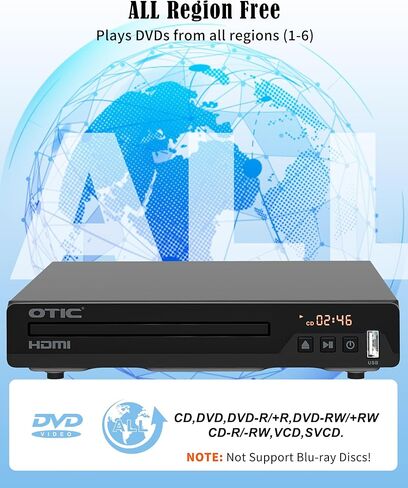 مشغل DVD HDMI لجميع المناطق للتلفزيون، تنسيقات متعددة وغطاء معدني، مشغل أقراص مضغوطة مدمج مع منفذ USB/صوت دولبي الرقمي للتلفزيون الذكي، كبار السن، نظام ستيريو منزلي، كابل HDMI وجهاز تحكم عن بعد in Kuwait