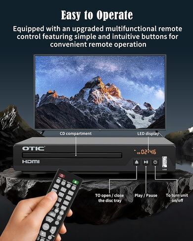 مشغل DVD HDMI لجميع المناطق للتلفزيون، تنسيقات متعددة وغطاء معدني، مشغل أقراص مضغوطة مدمج مع منفذ USB/صوت دولبي الرقمي للتلفزيون الذكي، كبار السن، نظام ستيريو منزلي، كابل HDMI وجهاز تحكم عن بعد in Kuwait