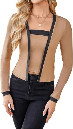 Milumia Women's 2 Piece Set Long Sleeve Color Block Cardigan with Tube Top Fall Outfits in Saudi Arabia