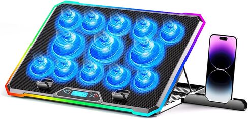 مبرد كمبيوتر محمول للألعاب مع 13 مروحة فائقة الهدوء، وشاشة LCD وRGB متعدد الألوان - 10 أوضاع إضاءة، 9 ارتفاعات قابلة للتعديل، منافذ USB مزدوجة، حامل هاتف مدمج لأجهزة الكمبيوتر المحمولة مقاس 15 إلى 21 بوصة على المكتب أو الكمبيوتر المحمول in Kuwait