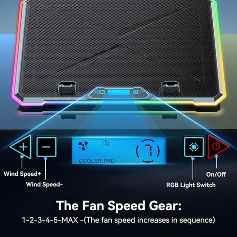 مبرد كمبيوتر محمول للألعاب مع 13 مروحة فائقة الهدوء، وشاشة LCD وRGB متعدد الألوان - 10 أوضاع إضاءة، 9 ارتفاعات قابلة للتعديل، منافذ USB مزدوجة، حامل هاتف مدمج لأجهزة الكمبيوتر المحمولة مقاس 15 إلى 21 بوصة على المكتب أو الكمبيوتر المحمول in Kuwait