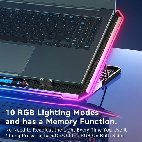 مبرد كمبيوتر محمول للألعاب مع 13 مروحة فائقة الهدوء، وشاشة LCD وRGB متعدد الألوان - 10 أوضاع إضاءة، 9 ارتفاعات قابلة للتعديل، منافذ USB مزدوجة، حامل هاتف مدمج لأجهزة الكمبيوتر المحمولة مقاس 15 إلى 21 بوصة على المكتب أو الكمبيوتر المحمول in Kuwait