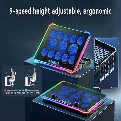 مبرد كمبيوتر محمول للألعاب مع 13 مروحة فائقة الهدوء، وشاشة LCD وRGB متعدد الألوان - 10 أوضاع إضاءة، 9 ارتفاعات قابلة للتعديل، منافذ USB مزدوجة، حامل هاتف مدمج لأجهزة الكمبيوتر المحمولة مقاس 15 إلى 21 بوصة على المكتب أو الكمبيوتر المحمول in Kuwait