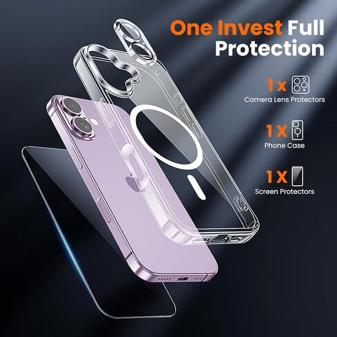 حافظة Toushion 3 في 1 لهاتف iPhone 17 شفافة، تناسب MagSafe، غير صفراء، واقي شاشة * 1 واقي عدسة الكاميرا * 1، حماية من الدرجة العسكرية لغطاء الهاتف 6.3 بوصة in Kuwait
