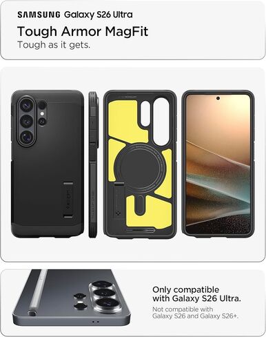 حافظة Spigen لهاتف Galaxy S26 Ultra، Tough Armor MagFit [مسند] [متوافق مع MagSafe] [حماية من الدرجة العسكرية] - أسود in Kuwait