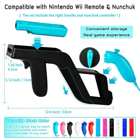 مجموعة ألعاب Wii U Deluxe - عبوتان من عجلات القيادة السوداء ومسدسات Wii Zapper الخفيفة + 2 وحدة تحكم لاسلكية Motion Plus مع Nunchucks + 2 غطاء من السيليكون وأحزمة معصم، متوافقة مع وحدة تحكم Nintendo Wii وWii U (أزرق ووردي) in Kuwait