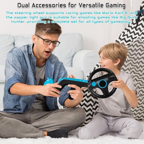 مجموعة ألعاب Wii U Deluxe - عبوتان من عجلات القيادة السوداء ومسدسات Wii Zapper الخفيفة + 2 وحدة تحكم لاسلكية Motion Plus مع Nunchucks + 2 غطاء من السيليكون وأحزمة معصم، متوافقة مع وحدة تحكم Nintendo Wii وWii U (أزرق ووردي) in Kuwait