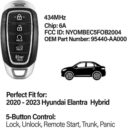 2 بديل بدون مفتاح لـ 2020 2021 2022 2023 2024 Hyundai Elantra Hybrid Key Fob Remote Control NYOMBEC5FOB2004 5 أزرار 6A 434MHz in Kuwait