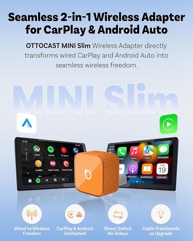 OTTOCAST 2026 New Mini Slim Orange، محول CarPlay 2 في 1 لاسلكي ومحول Android التلقائي، توصيل وتشغيل دونجل Carplay اللاسلكي، اتصال تلقائي 5s، مكعب صغير للسيارات السلكية في المصنع، iPhone وAndroid in Kuwait