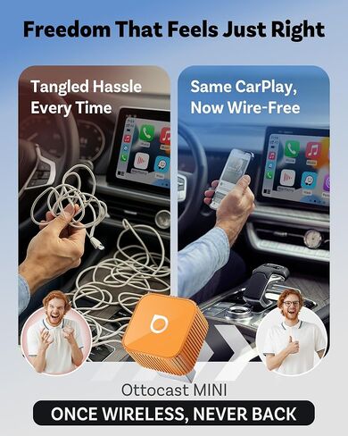 OTTOCAST 2026 New Mini Slim Orange، محول CarPlay 2 في 1 لاسلكي ومحول Android التلقائي، توصيل وتشغيل دونجل Carplay اللاسلكي، اتصال تلقائي 5s، مكعب صغير للسيارات السلكية في المصنع، iPhone وAndroid in Kuwait