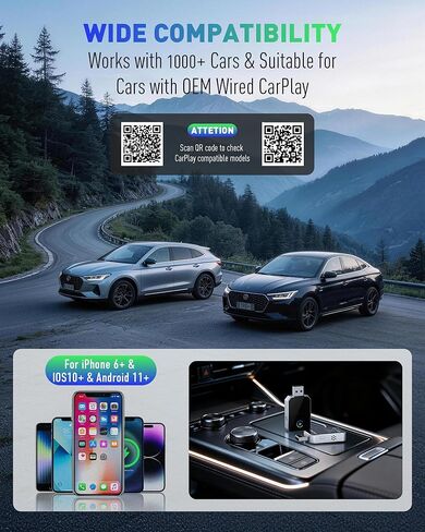 محول SPIRITIME اللاسلكي CarPlay لهاتف iPhone - اتصال تلقائي لمدة 5 ثوانٍ | 1-انقر فوق تبديل الهاتف للعائلات | تحويل سلكي إلى لاسلكي | مستقر وسريع، التوصيل والتشغيل | يدعم مصنع سيارات CarPlay 2016+ in Kuwait