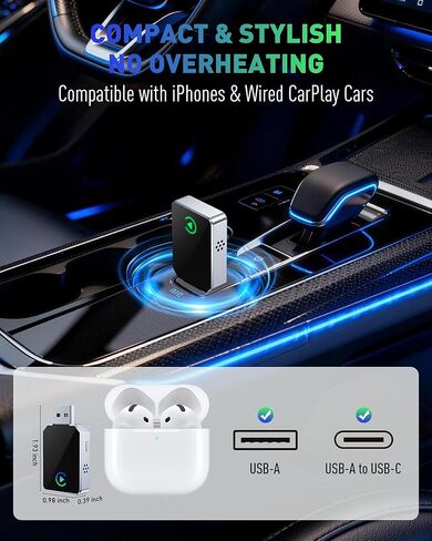 محول SPIRITIME اللاسلكي CarPlay لهاتف iPhone - اتصال تلقائي لمدة 5 ثوانٍ | 1-انقر فوق تبديل الهاتف للعائلات | تحويل سلكي إلى لاسلكي | مستقر وسريع، التوصيل والتشغيل | يدعم مصنع سيارات CarPlay 2016+ in Kuwait