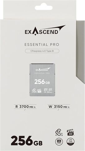 بطاقة ذاكرة Exascend Essential Pro سعة 256 جيجابايت CFexpress 4.0 من النوع B، قراءة 3700 ميجابايت/ثانية، كتابة 3150 ميجابايت/ثانية، VPG400 in Kuwait