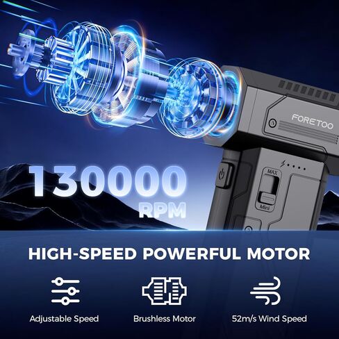 منفضة هواء مضغوط، محرك كهربائي بدون فرشاة بقوة 130000 دورة في الدقيقة مع سرعة ستبليس قابلة للتعديل، منفاخ هواء لاسلكي سريع الشحن وقابل لإعادة الشحن للكمبيوتر والسيارة ولوحة المفاتيح والحيوانات الأليفة والمنزل والخارج in Kuwait