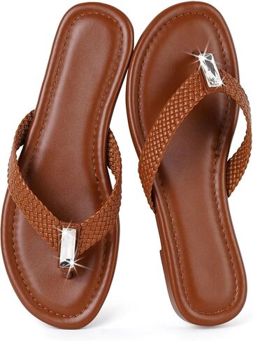Women's Flip Flops Flat Thong Sandals for Women Round Toe Slip On Beach Sandals Comfortable Flat Heel Slippers Soft Woven Straps Embellished Gemstone Cute Dressy Casual in Saudi Arabia