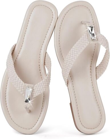 Women's Flip Flops Flat Thong Sandals for Women Round Toe Slip On Beach Sandals Comfortable Flat Heel Slippers Soft Woven Straps Embellished Gemstone Cute Dressy Casual in Saudi Arabia