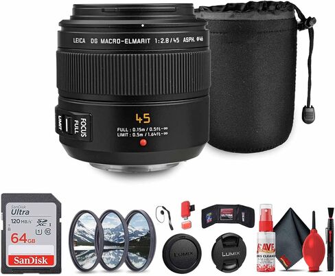 تتضمن الحزمة عدسة باناسونيك Leica DG Macro-Elmarit مقاس 45 مم f/2.8 (H-ES045): بطاقة ذاكرة سعة 64 جيجابايت ومجموعة مرشحات مكونة من 3 قطع وأغطية عدسة وحقيبة عدسة وحافظة غطاء ومجموعة تنظيف كاملة وقارئ بطاقات ومحفظة بطاقات in Kuwait