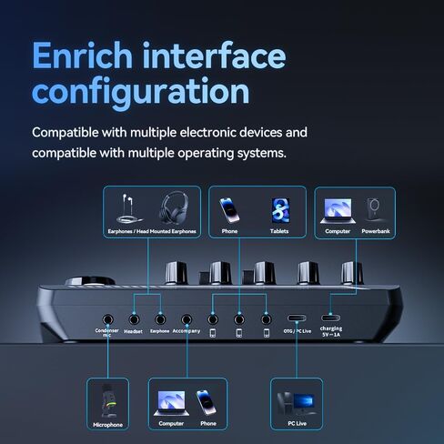 Professional Live Sound Card Audio Mixer with Bluetooth & OTG, Portable DJ Mixer Board with 16 Sound Effects, 4 Voice Changers, 1200mAh Battery for Live Streaming, Podcasting, Gaming in Kuwait