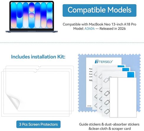 واقي شاشة T Tersely 3 Pack HD PET لجهاز MacBook Neo 13" إصدار 2026 (A3404، A18 Pro Chip)، فائق الوضوح، عالي الوضوح، طبقة حماية كاملة التغطية (شفاف) in Kuwait