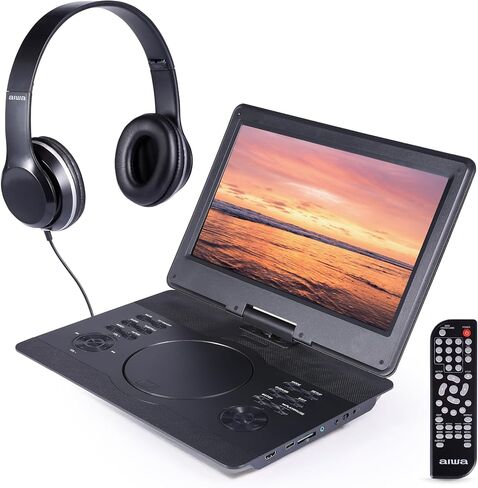 Aiwa - طقم سفر مشغل وسائط محمول مقاس 14 بوصة، ومشغل DVD وCD محمول مع شاشة دوارة، ومكبرات صوت ستيريو مدمجة، ومدخل HDMI، وجهاز تحكم عن بعد، وسماعات الرأس، وحقيبة حمل (أسود) in Kuwait