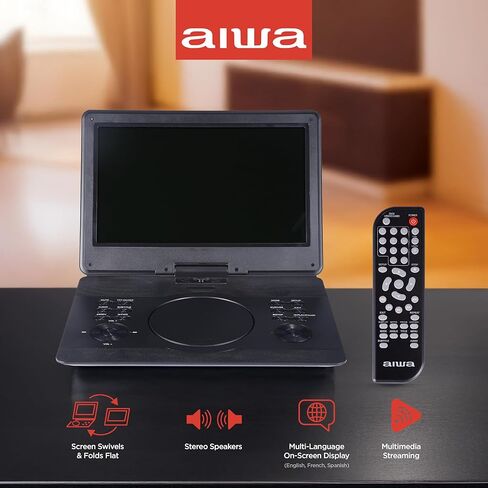 Aiwa - طقم سفر مشغل وسائط محمول مقاس 14 بوصة، ومشغل DVD وCD محمول مع شاشة دوارة، ومكبرات صوت ستيريو مدمجة، ومدخل HDMI، وجهاز تحكم عن بعد، وسماعات الرأس، وحقيبة حمل (أسود) in Kuwait