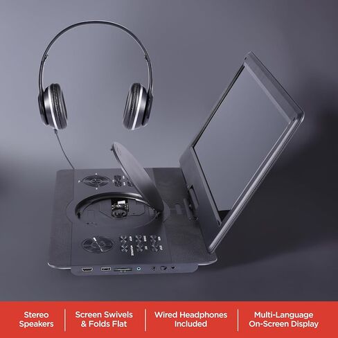 Aiwa - طقم سفر مشغل وسائط محمول مقاس 14 بوصة، ومشغل DVD وCD محمول مع شاشة دوارة، ومكبرات صوت ستيريو مدمجة، ومدخل HDMI، وجهاز تحكم عن بعد، وسماعات الرأس، وحقيبة حمل (أسود) in Kuwait