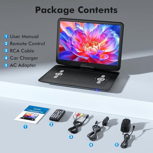 مشغل DVD محمول مقاس 18 بوصة من WONNIE مع شاشة دوارة عالية الدقة مقاس 15.6 بوصة، وبطارية قابلة لإعادة الشحن لمدة 6 ساعات، ومشغل DVD كبير يدعم MP4، وفيديو MKV وUSB/بطاقة SD/تلفزيون مزامنة، ومكبر صوت عالي الحجم، جميع المناطق in Kuwait