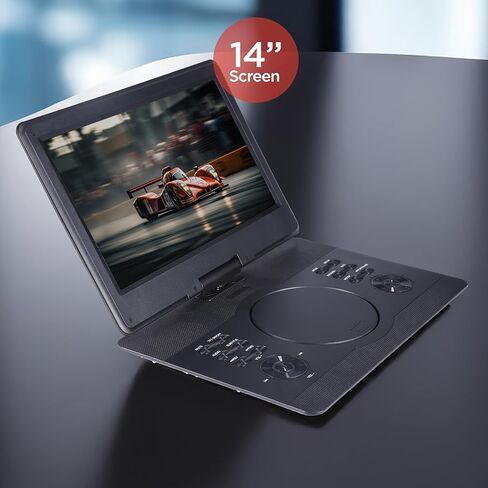 Aiwa - طقم سفر مشغل وسائط محمول مقاس 14 بوصة، ومشغل DVD وCD محمول مع شاشة دوارة، ومكبرات صوت ستيريو مدمجة، ومدخل HDMI، وجهاز تحكم عن بعد، وسماعات الرأس، وحقيبة حمل (أسود) in Kuwait