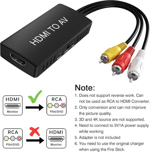 محول HDMI إلى RCA، محول HDMI إلى AV 3RCA CVBs مركب محول صوت الفيديو للتلفزيون القديم المتوافق مع PAL/NTSC لـ Roku، Android TV Box، DVD إلخ in Kuwait