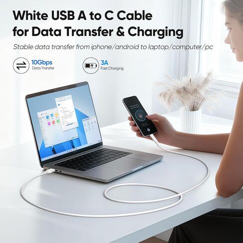 كابل FEMORO USB A إلى USB C بطول 10 أقدام، USB 3.2 Gen 2 Type A إلى C 10 جيجابت في الثانية لنقل البيانات وشحن سريع 3A، كابل USB-A مجدول إلى النوع C لهاتف iPhone 17/16/15، وهواتف Android، والكمبيوتر المحمول، ووحدة تحكم الألعاب، SSD in Kuwait