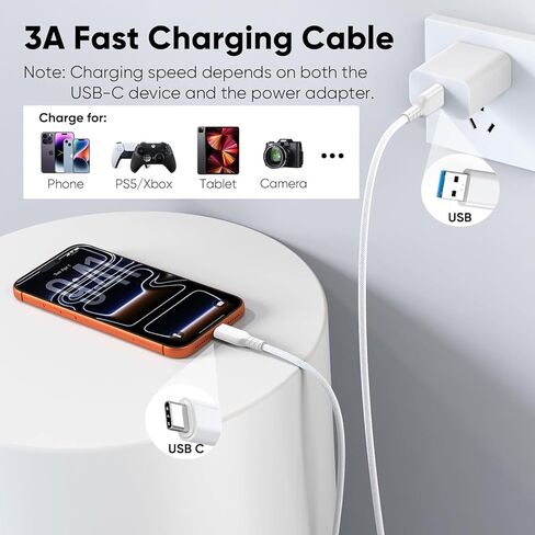 كابل FEMORO USB A إلى USB C بطول 10 أقدام، USB 3.2 Gen 2 Type A إلى C 10 جيجابت في الثانية لنقل البيانات وشحن سريع 3A، كابل USB-A مجدول إلى النوع C لهاتف iPhone 17/16/15، وهواتف Android، والكمبيوتر المحمول، ووحدة تحكم الألعاب، SSD in Kuwait