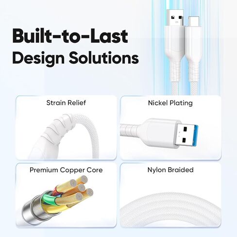 كابل FEMORO USB A إلى USB C بطول 10 أقدام، USB 3.2 Gen 2 Type A إلى C 10 جيجابت في الثانية لنقل البيانات وشحن سريع 3A، كابل USB-A مجدول إلى النوع C لهاتف iPhone 17/16/15، وهواتف Android، والكمبيوتر المحمول، ووحدة تحكم الألعاب، SSD in Kuwait