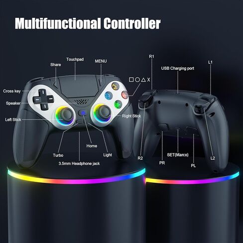 Dinosoo RGB Wireless Controller for PS5/PC/Mobile – Bluetooth Gamepad with Turbo, Macro, Dual Vibration, 6-Axis Gyro, 3.5mm Audio Jack, Built-in Speaker, 1000mAh Battery (Black) in Kuwait