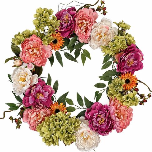 24 Inch Spring Peony Wreaths for Front Door, Large Summer Floral Door Wreath with Hydrangea, Farmhouse Front Door Wreath Decoration for Wedding Valentine Welcome Indoor Outdoor(Twig Base) in Saudi Arabia