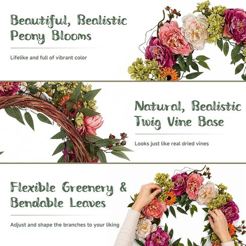 24 Inch Spring Peony Wreaths for Front Door, Large Summer Floral Door Wreath with Hydrangea, Farmhouse Front Door Wreath Decoration for Wedding Valentine Welcome Indoor Outdoor(Twig Base) in Saudi Arabia